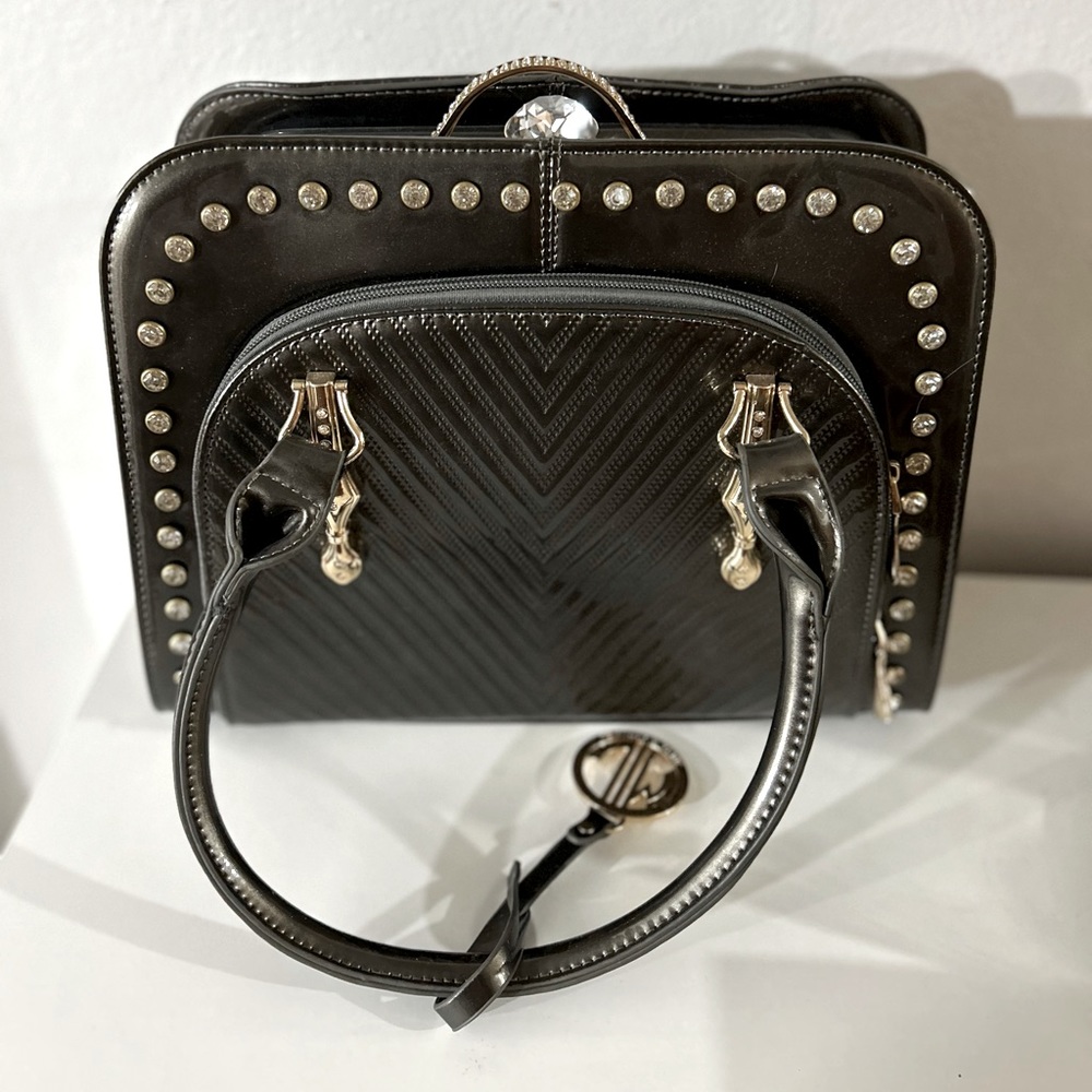 Dark grey rhinestone studded handbag with jewel clasp